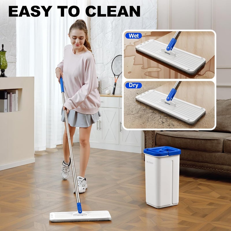 BEJOMOP Mop and Bucket Set with Wringer, Dry & Wet Dust Mop for Household Floor Cleaning with 5 Microfiber Mops, Flat Squeeze Spin Wall Mop Cleaner with Long Handle, Slate Blue - Image 5